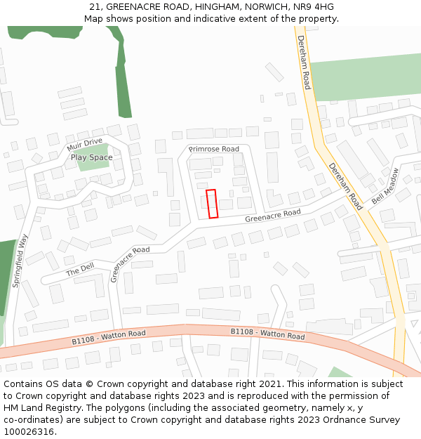 21, GREENACRE ROAD, HINGHAM, NORWICH, NR9 4HG: Location map and indicative extent of plot