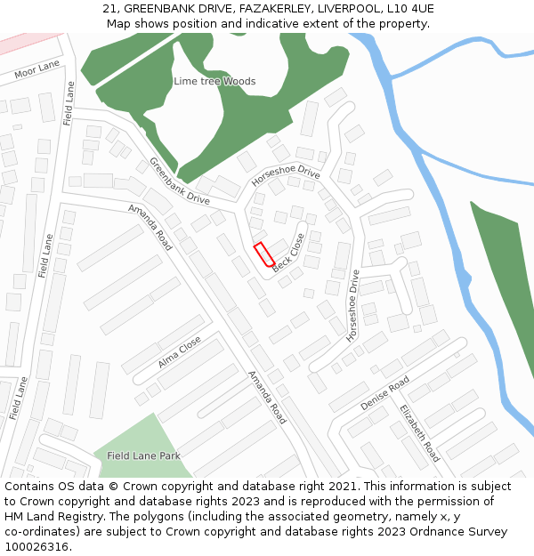 21, GREENBANK DRIVE, FAZAKERLEY, LIVERPOOL, L10 4UE: Location map and indicative extent of plot