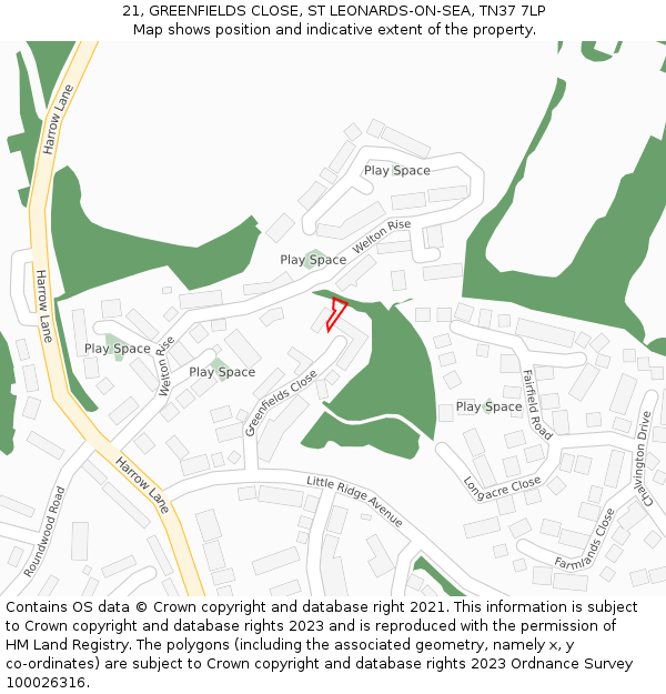 21, GREENFIELDS CLOSE, ST LEONARDS-ON-SEA, TN37 7LP: Location map and indicative extent of plot