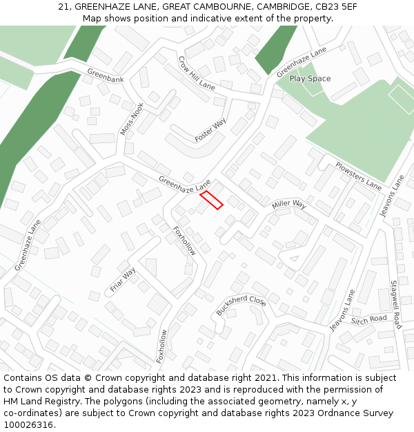 21, GREENHAZE LANE, GREAT CAMBOURNE, CAMBRIDGE, CB23 5EF: Location map and indicative extent of plot