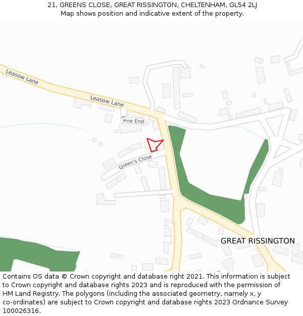 21, GREENS CLOSE, GREAT RISSINGTON, CHELTENHAM, GL54 2LJ: Location map and indicative extent of plot