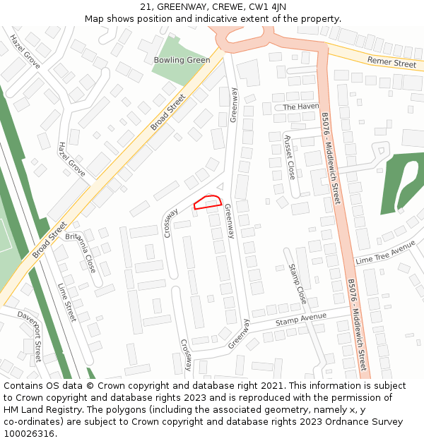 21, GREENWAY, CREWE, CW1 4JN: Location map and indicative extent of plot