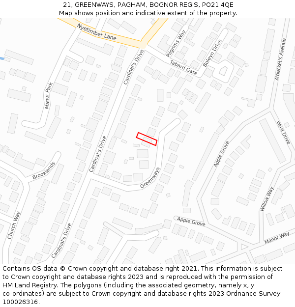 21, GREENWAYS, PAGHAM, BOGNOR REGIS, PO21 4QE: Location map and indicative extent of plot