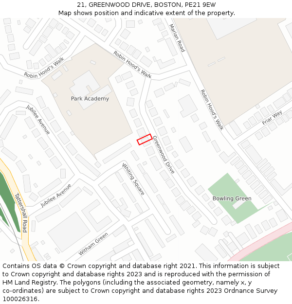 21, GREENWOOD DRIVE, BOSTON, PE21 9EW: Location map and indicative extent of plot