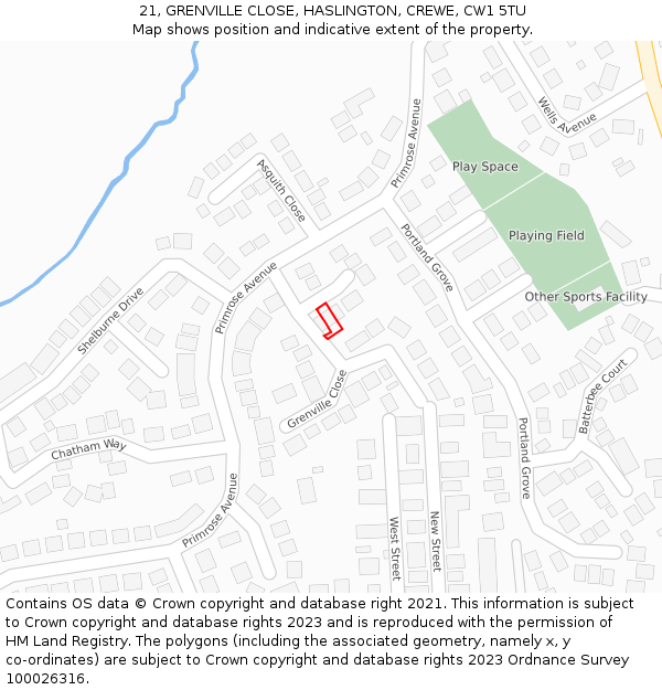 21, GRENVILLE CLOSE, HASLINGTON, CREWE, CW1 5TU: Location map and indicative extent of plot