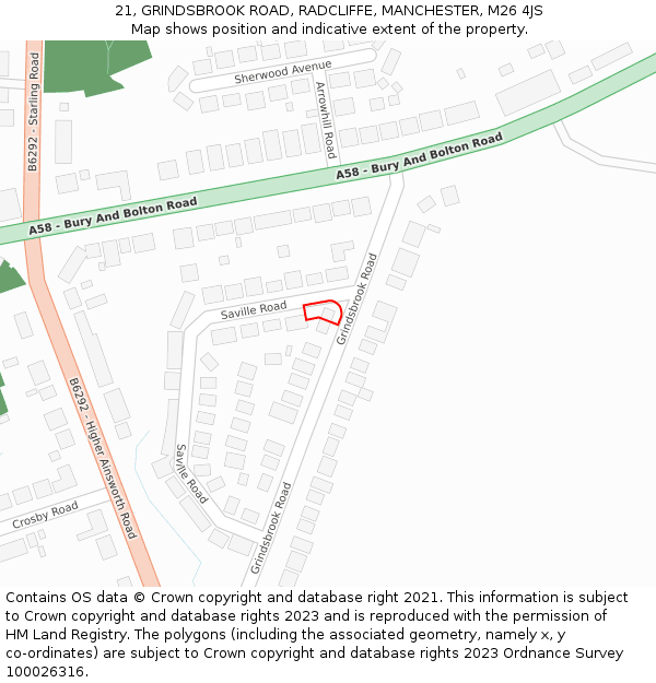 21, GRINDSBROOK ROAD, RADCLIFFE, MANCHESTER, M26 4JS: Location map and indicative extent of plot