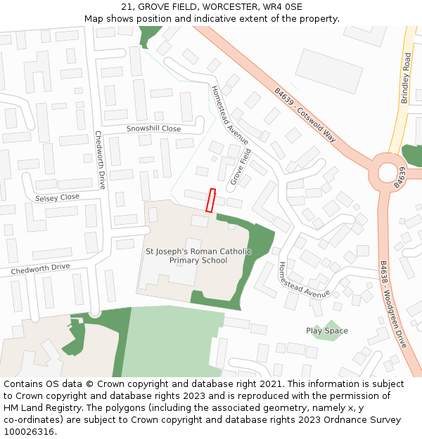 21, GROVE FIELD, WORCESTER, WR4 0SE: Location map and indicative extent of plot