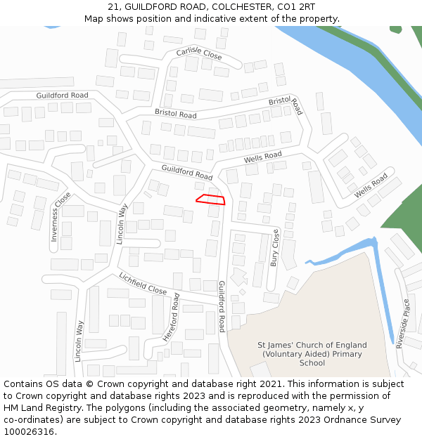 21, GUILDFORD ROAD, COLCHESTER, CO1 2RT: Location map and indicative extent of plot