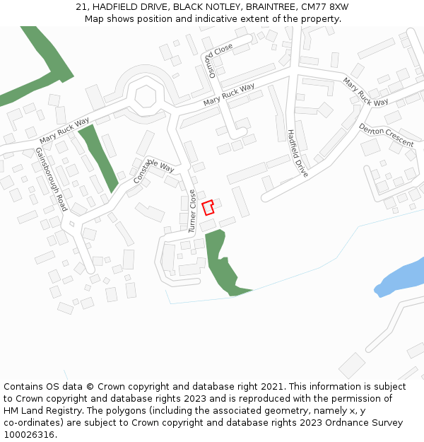 21, HADFIELD DRIVE, BLACK NOTLEY, BRAINTREE, CM77 8XW: Location map and indicative extent of plot