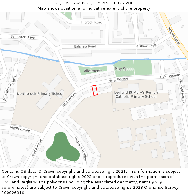 21, HAIG AVENUE, LEYLAND, PR25 2QB: Location map and indicative extent of plot