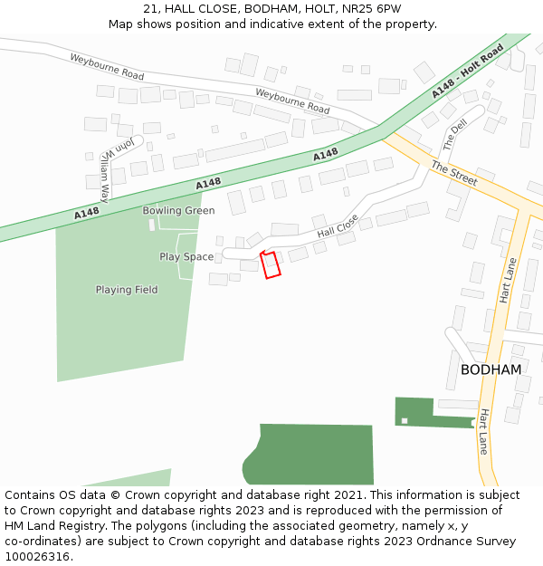 21, HALL CLOSE, BODHAM, HOLT, NR25 6PW: Location map and indicative extent of plot