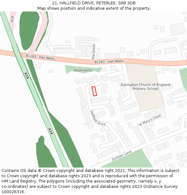 21, HALLFIELD DRIVE, PETERLEE, SR8 3DB: Location map and indicative extent of plot