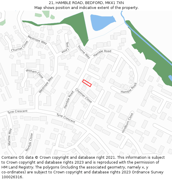 21, HAMBLE ROAD, BEDFORD, MK41 7XN: Location map and indicative extent of plot