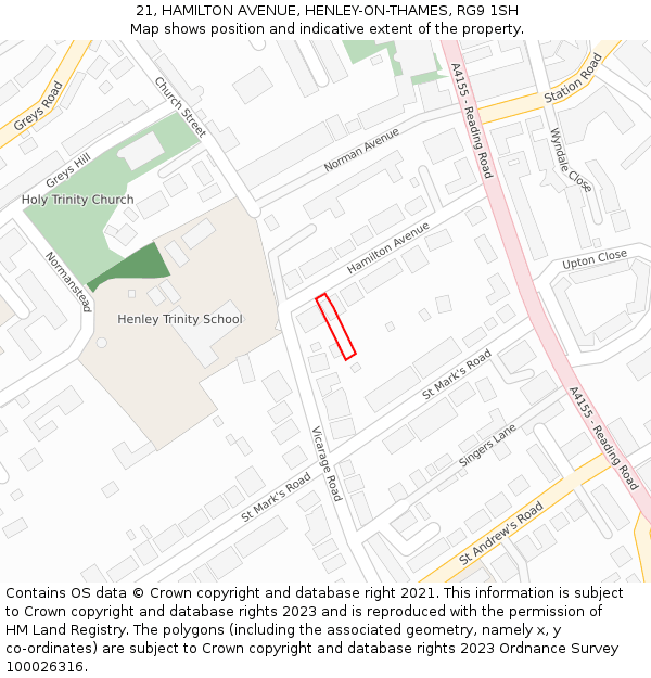 21, HAMILTON AVENUE, HENLEY-ON-THAMES, RG9 1SH: Location map and indicative extent of plot