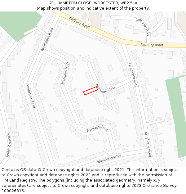 21, HAMPTON CLOSE, WORCESTER, WR2 5LX: Location map and indicative extent of plot