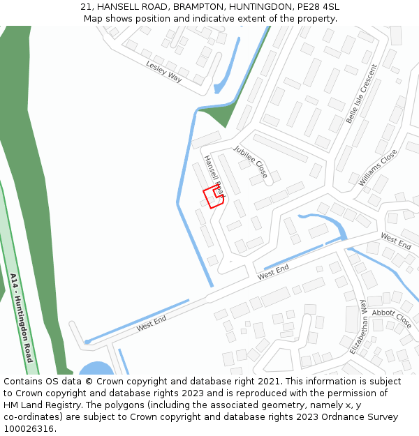 21, HANSELL ROAD, BRAMPTON, HUNTINGDON, PE28 4SL: Location map and indicative extent of plot