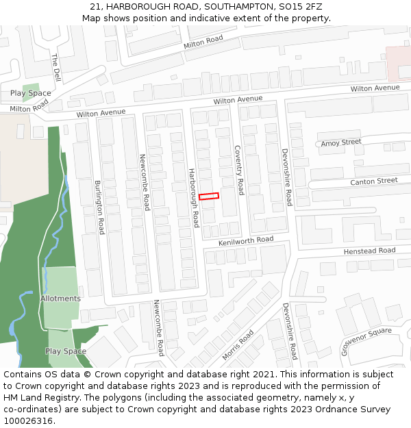 21, HARBOROUGH ROAD, SOUTHAMPTON, SO15 2FZ: Location map and indicative extent of plot