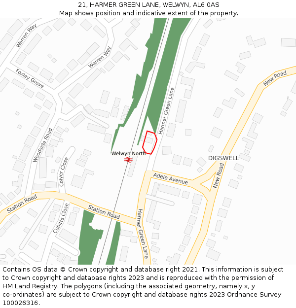 21, HARMER GREEN LANE, WELWYN, AL6 0AS: Location map and indicative extent of plot