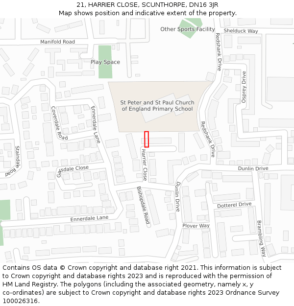 21, HARRIER CLOSE, SCUNTHORPE, DN16 3JR: Location map and indicative extent of plot