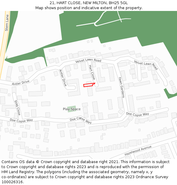 21, HART CLOSE, NEW MILTON, BH25 5GL: Location map and indicative extent of plot