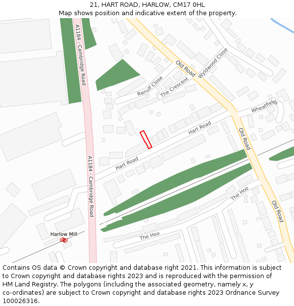 21, HART ROAD, HARLOW, CM17 0HL: Location map and indicative extent of plot