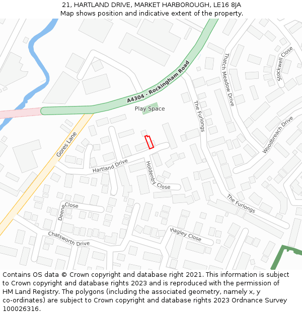 21, HARTLAND DRIVE, MARKET HARBOROUGH, LE16 8JA: Location map and indicative extent of plot