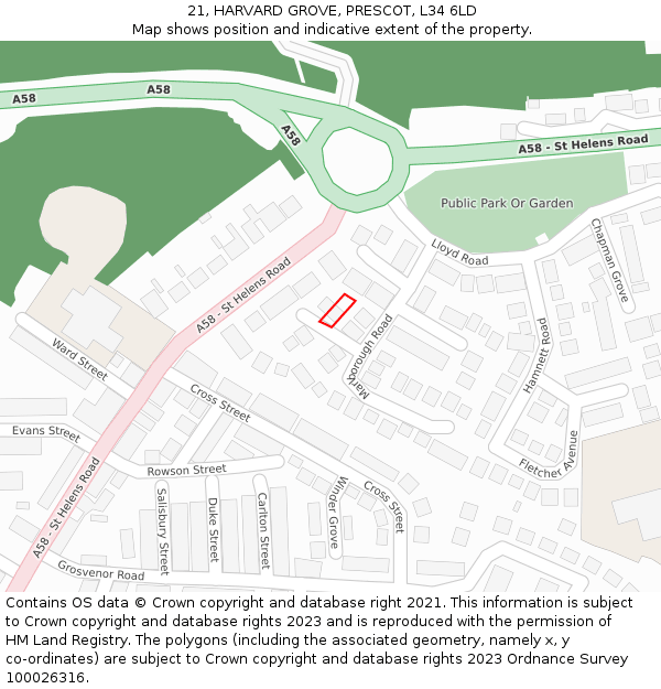 21, HARVARD GROVE, PRESCOT, L34 6LD: Location map and indicative extent of plot