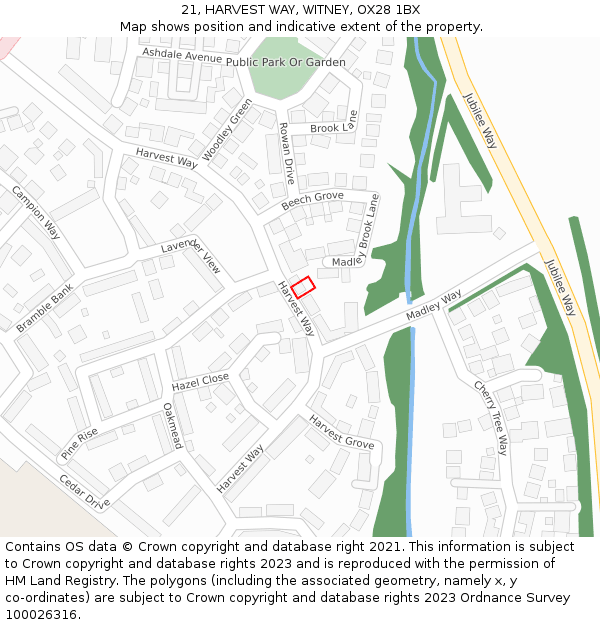 21, HARVEST WAY, WITNEY, OX28 1BX: Location map and indicative extent of plot