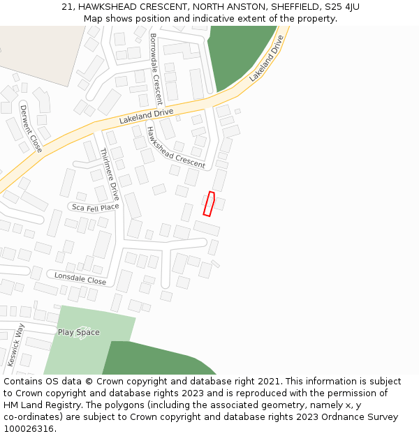 21, HAWKSHEAD CRESCENT, NORTH ANSTON, SHEFFIELD, S25 4JU: Location map and indicative extent of plot