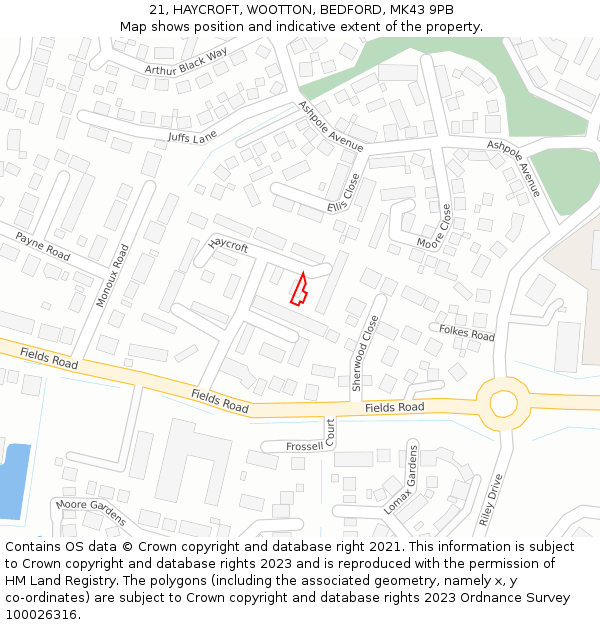 21, HAYCROFT, WOOTTON, BEDFORD, MK43 9PB: Location map and indicative extent of plot