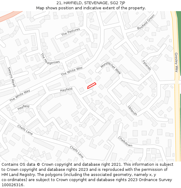 21, HAYFIELD, STEVENAGE, SG2 7JP: Location map and indicative extent of plot