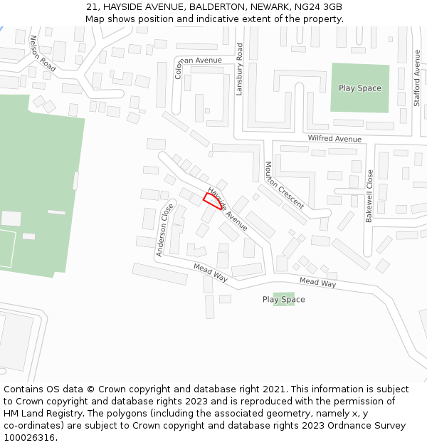 21, HAYSIDE AVENUE, BALDERTON, NEWARK, NG24 3GB: Location map and indicative extent of plot