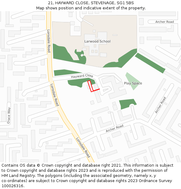 21, HAYWARD CLOSE, STEVENAGE, SG1 5BS: Location map and indicative extent of plot