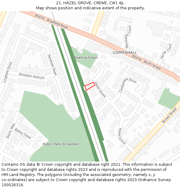 21, HAZEL GROVE, CREWE, CW1 4JL: Location map and indicative extent of plot