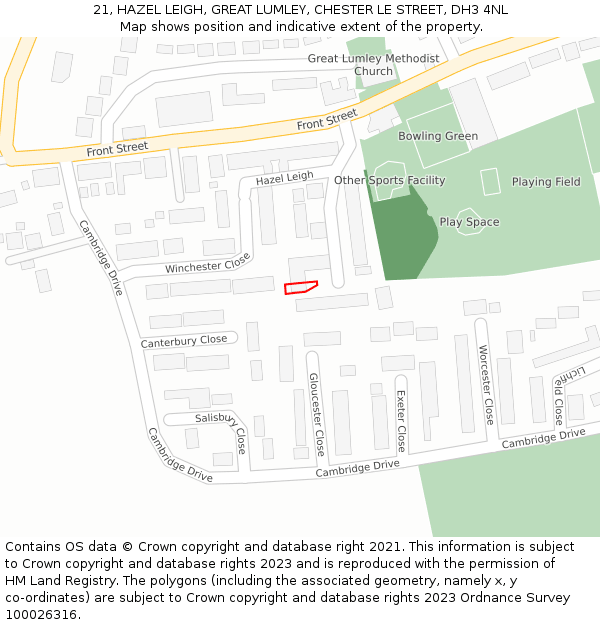 21, HAZEL LEIGH, GREAT LUMLEY, CHESTER LE STREET, DH3 4NL: Location map and indicative extent of plot