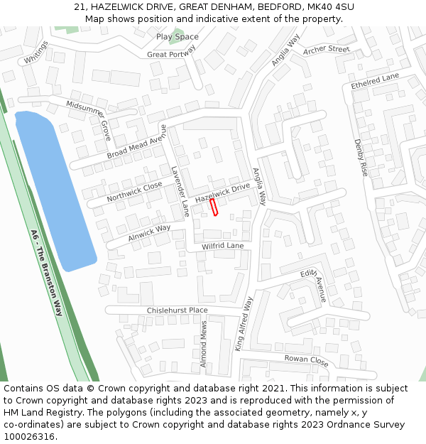 21, HAZELWICK DRIVE, GREAT DENHAM, BEDFORD, MK40 4SU: Location map and indicative extent of plot