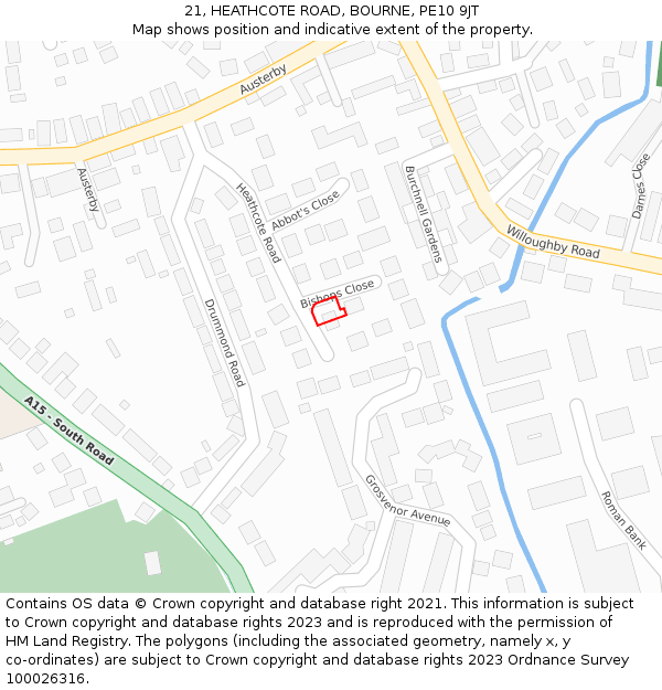 21, HEATHCOTE ROAD, BOURNE, PE10 9JT: Location map and indicative extent of plot