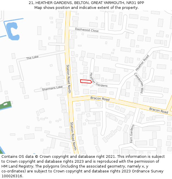 21, HEATHER GARDENS, BELTON, GREAT YARMOUTH, NR31 9PP: Location map and indicative extent of plot