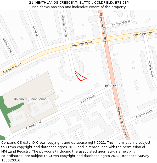 21, HEATHLANDS CRESCENT, SUTTON COLDFIELD, B73 5EP: Location map and indicative extent of plot