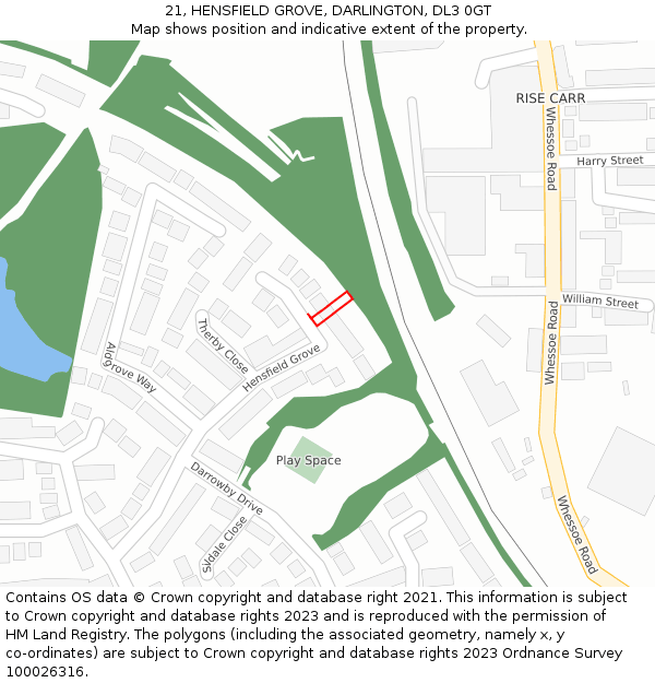 21, HENSFIELD GROVE, DARLINGTON, DL3 0GT: Location map and indicative extent of plot