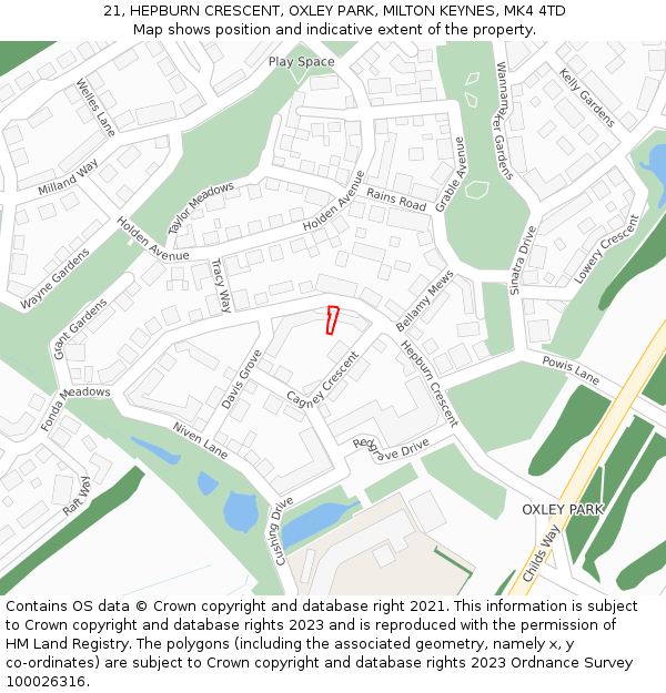 21, HEPBURN CRESCENT, OXLEY PARK, MILTON KEYNES, MK4 4TD: Location map and indicative extent of plot