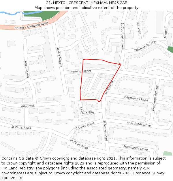 21, HEXTOL CRESCENT, HEXHAM, NE46 2AB: Location map and indicative extent of plot