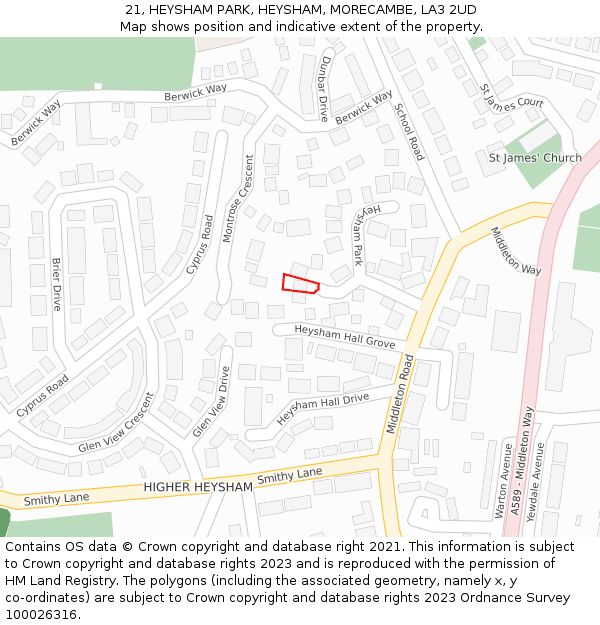 21, HEYSHAM PARK, HEYSHAM, MORECAMBE, LA3 2UD: Location map and indicative extent of plot