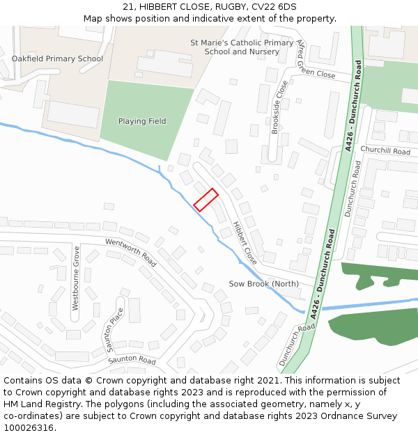 21, HIBBERT CLOSE, RUGBY, CV22 6DS: Location map and indicative extent of plot