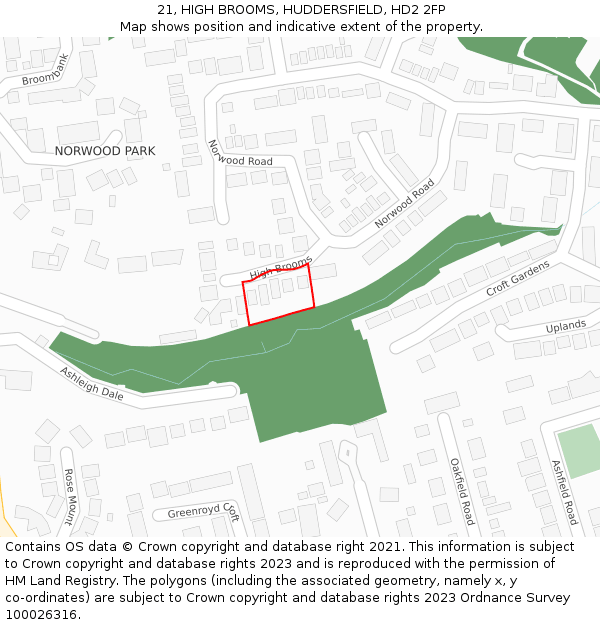 21, HIGH BROOMS, HUDDERSFIELD, HD2 2FP: Location map and indicative extent of plot