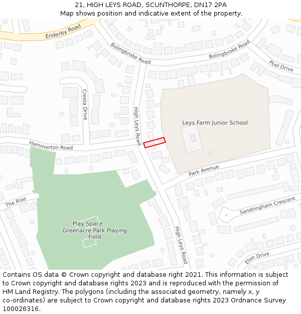 21, HIGH LEYS ROAD, SCUNTHORPE, DN17 2PA: Location map and indicative extent of plot