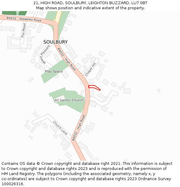 21, HIGH ROAD, SOULBURY, LEIGHTON BUZZARD, LU7 0BT: Location map and indicative extent of plot