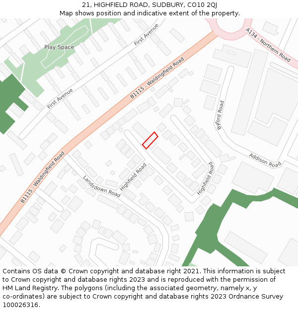 21, HIGHFIELD ROAD, SUDBURY, CO10 2QJ: Location map and indicative extent of plot