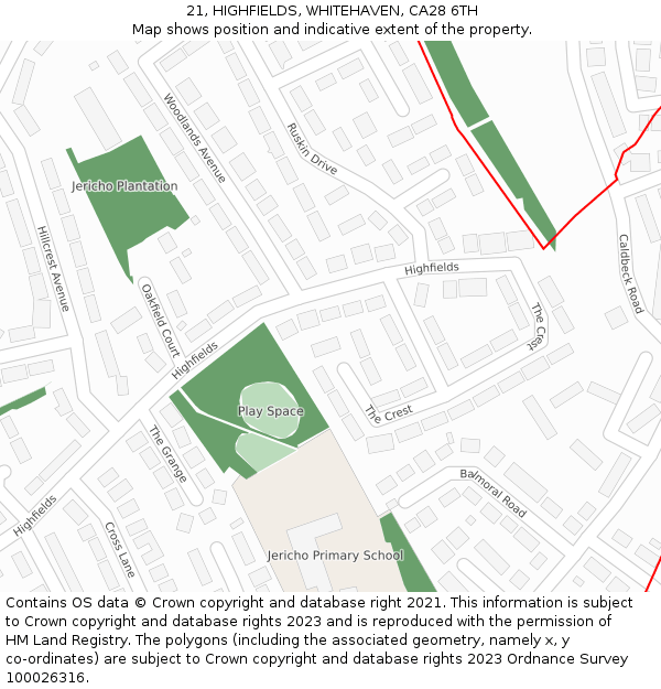 21, HIGHFIELDS, WHITEHAVEN, CA28 6TH: Location map and indicative extent of plot
