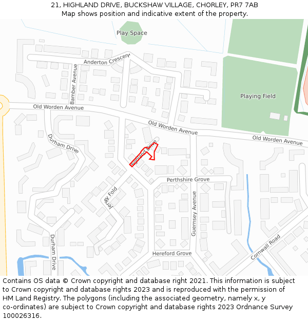 21, HIGHLAND DRIVE, BUCKSHAW VILLAGE, CHORLEY, PR7 7AB: Location map and indicative extent of plot